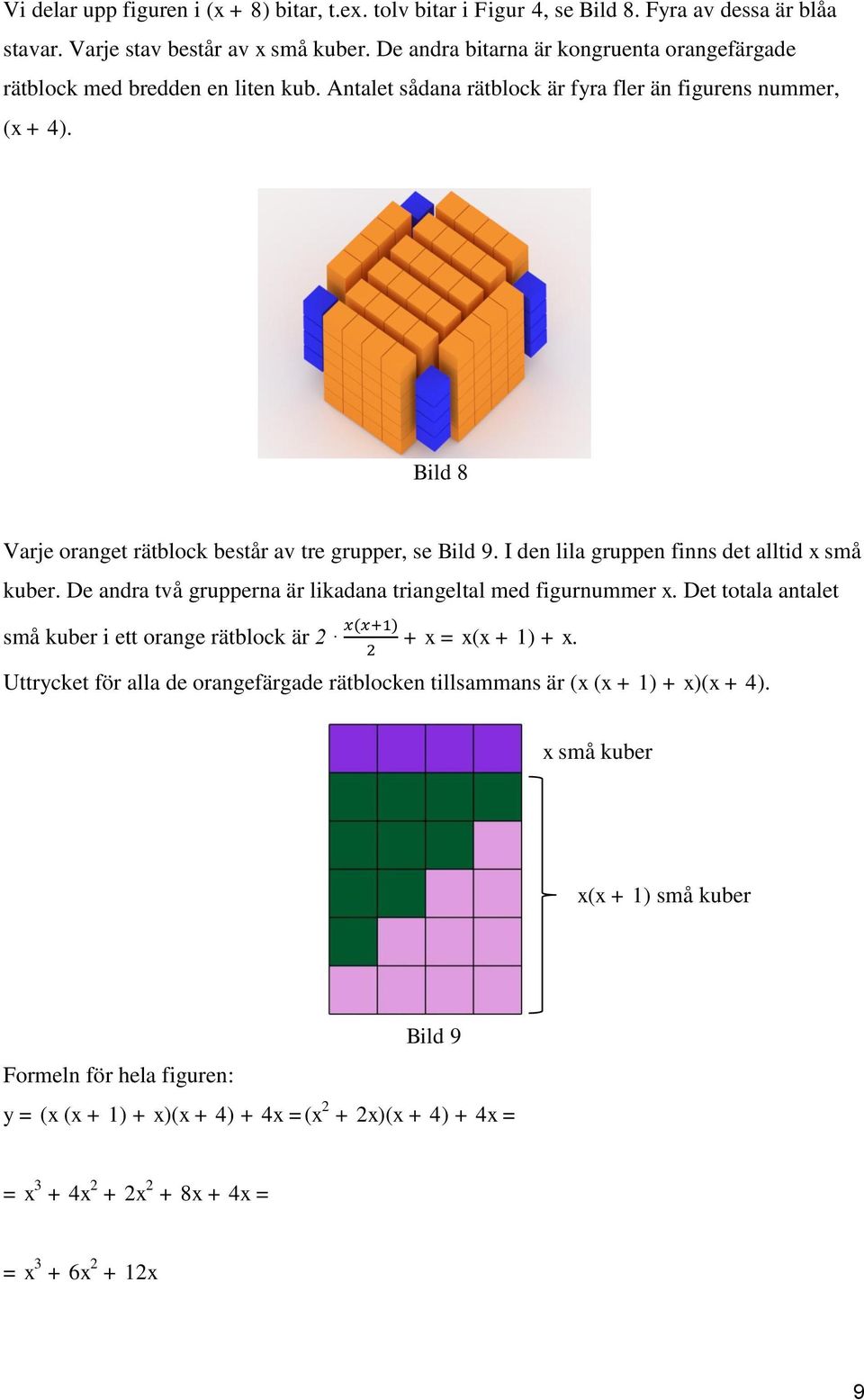 Bild 8 Varje oranget rätblock består av tre grupper, se Bild 9. I den lila gruppen finns det alltid x små kuber. De andra två grupperna är likadana triangeltal med figurnummer x.