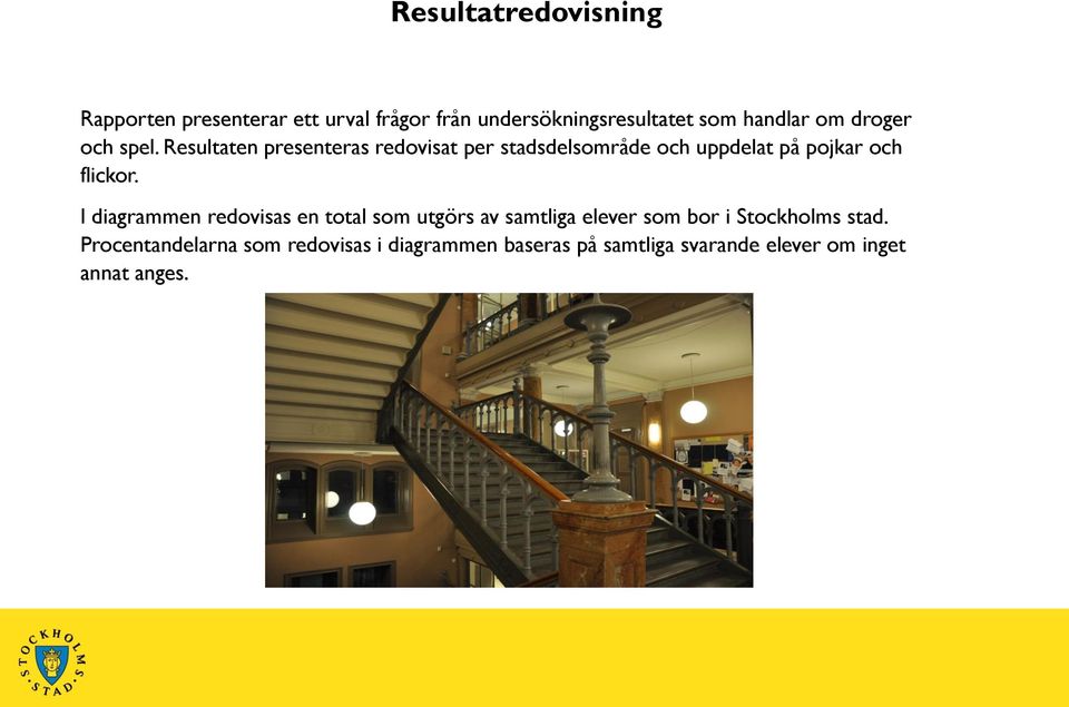 Resultaten presenteras redovisat per stadsdelsområde och uppdelat på pojkar och flickor.