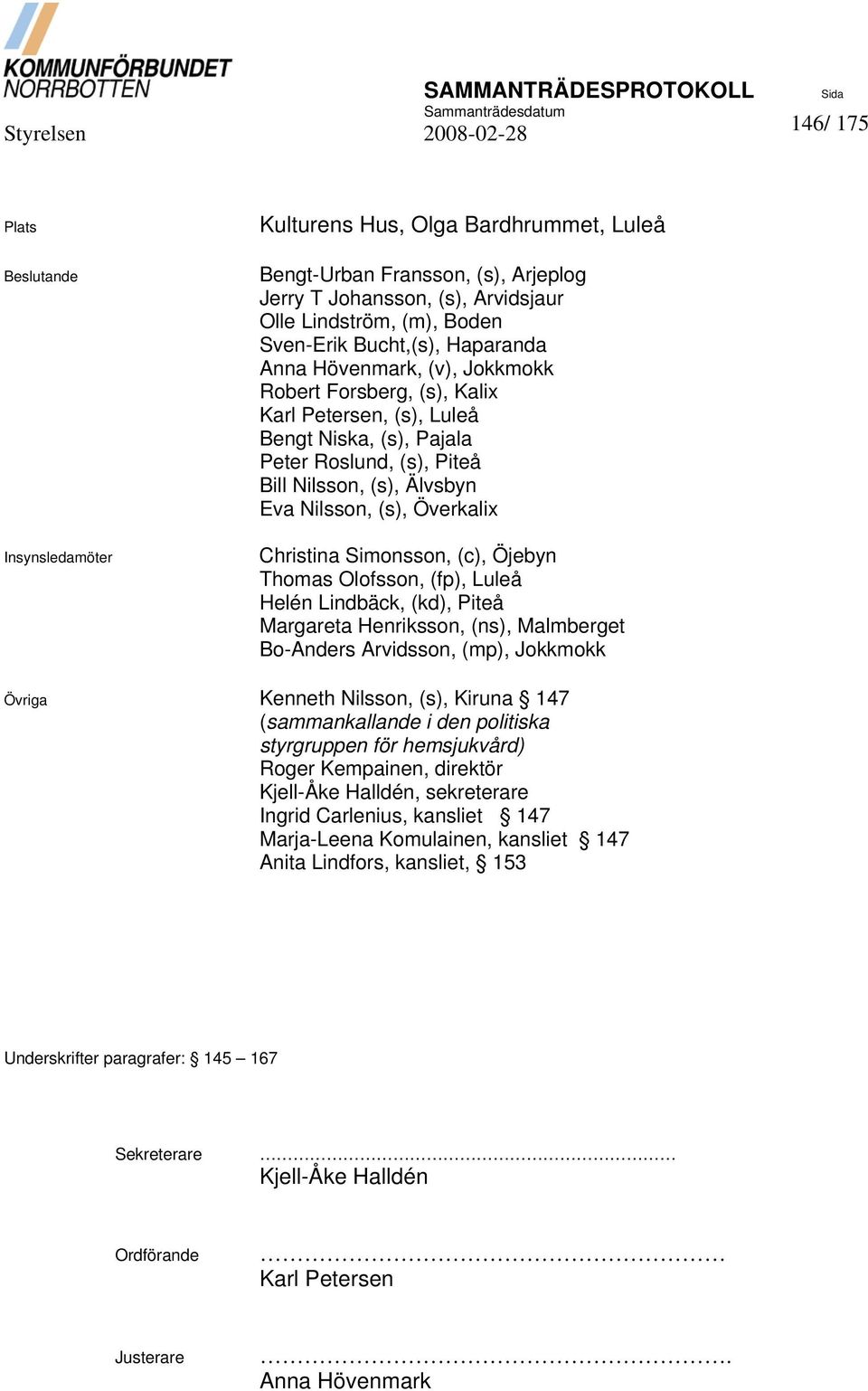 Christina Simonsson, (c), Öjebyn Thomas Olofsson, (fp), Luleå Helén Lindbäck, (kd), Piteå Margareta Henriksson, (ns), Malmberget Bo-Anders Arvidsson, (mp), Jokkmokk Övriga Kenneth Nilsson, (s),