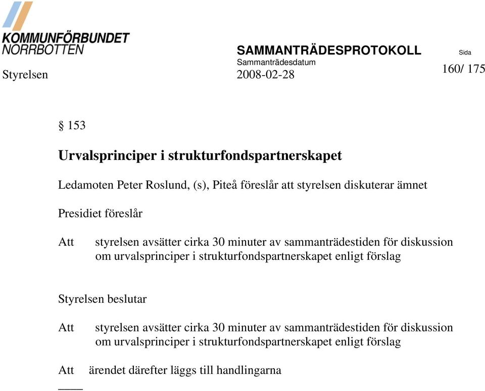 urvalsprinciper i strukturfondspartnerskapet enligt förslag beslutar styrelsen avsätter cirka 30 minuter av