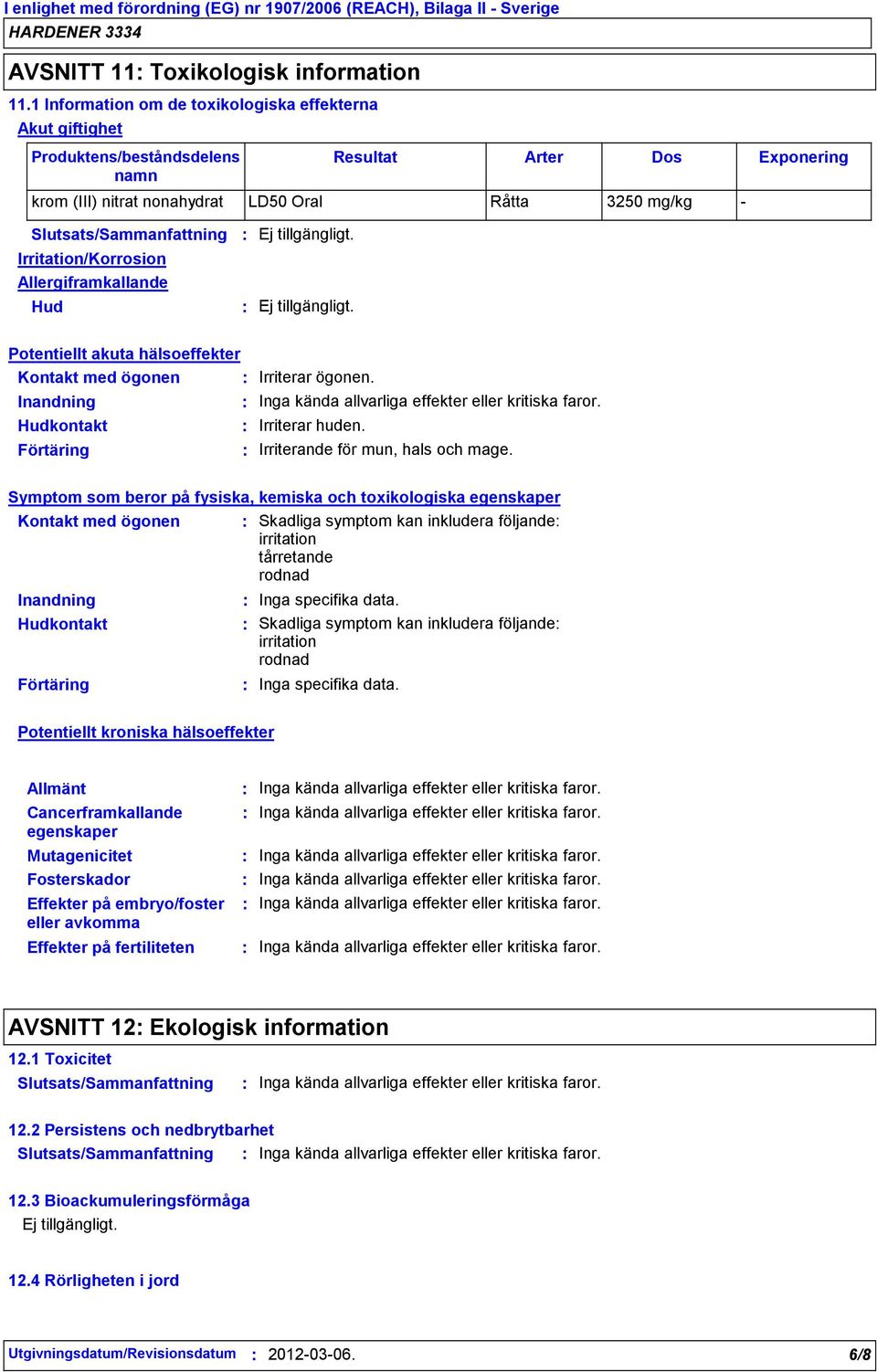 Slutsats/Sammanfattning Irritation/Korrosion Allergiframkallande Hud Potentiellt akuta hälsoeffekter Kontakt med ögonen Irriterar ögonen. Irriterar huden. Irriterande för mun, hals och mage.