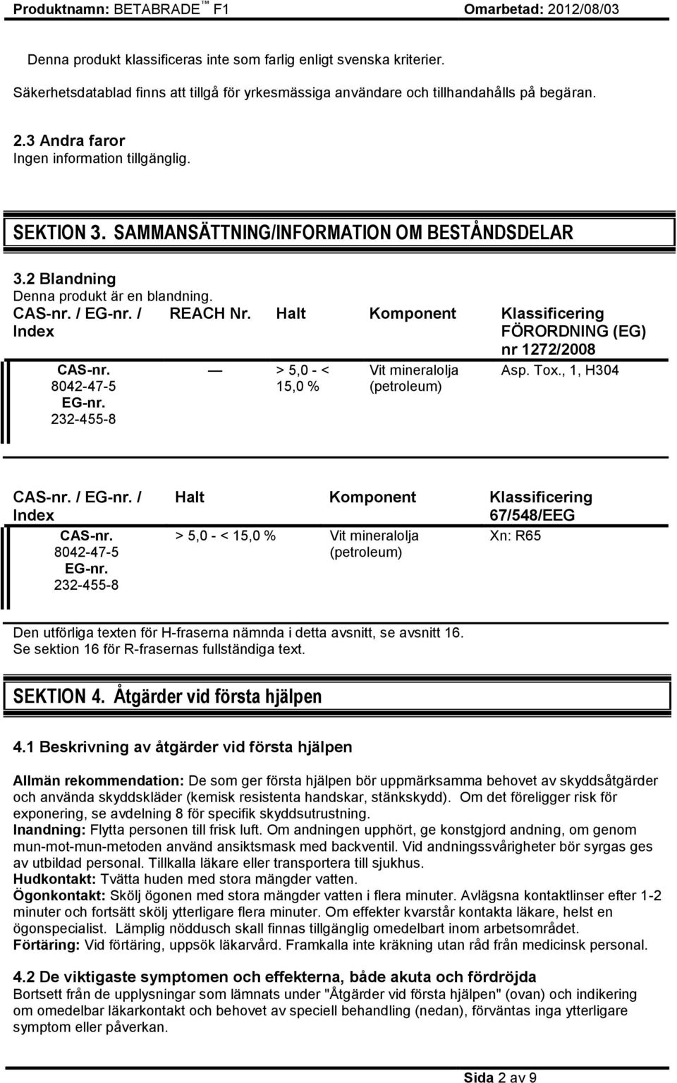 Halt Komponent Klassificering FÖRORDNING (EG) nr 1272/2008 CAS-nr. 8042-47-5 EG-nr. 232-455-8 > 5,0 - < 15,0 % Vit mineralolja (petroleum) Asp. Tox., 1, H304 CAS-nr. / EG-nr. / Index CAS-nr.
