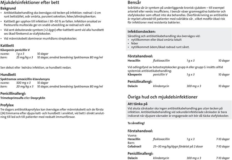 Vid sent debuterande symtom (>2 dygn) efter kattbett samt vid alla hundbett ses ökad förekomst av stafylokocker. Vid människobett dominerar munhålans streptokocker.