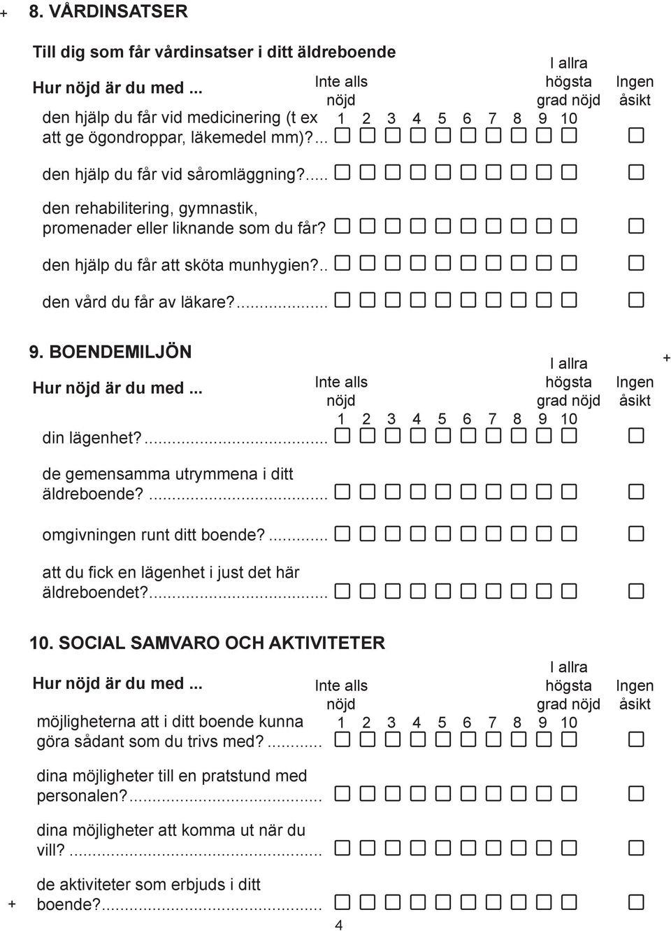 ... 9. Boendemiljön Hur är du med... 1 2 3 4 5 6 7 8 9 10 din lägenhet?... de gemensamma utrymmena i ditt äldreboende?... omgivningen runt ditt boende?