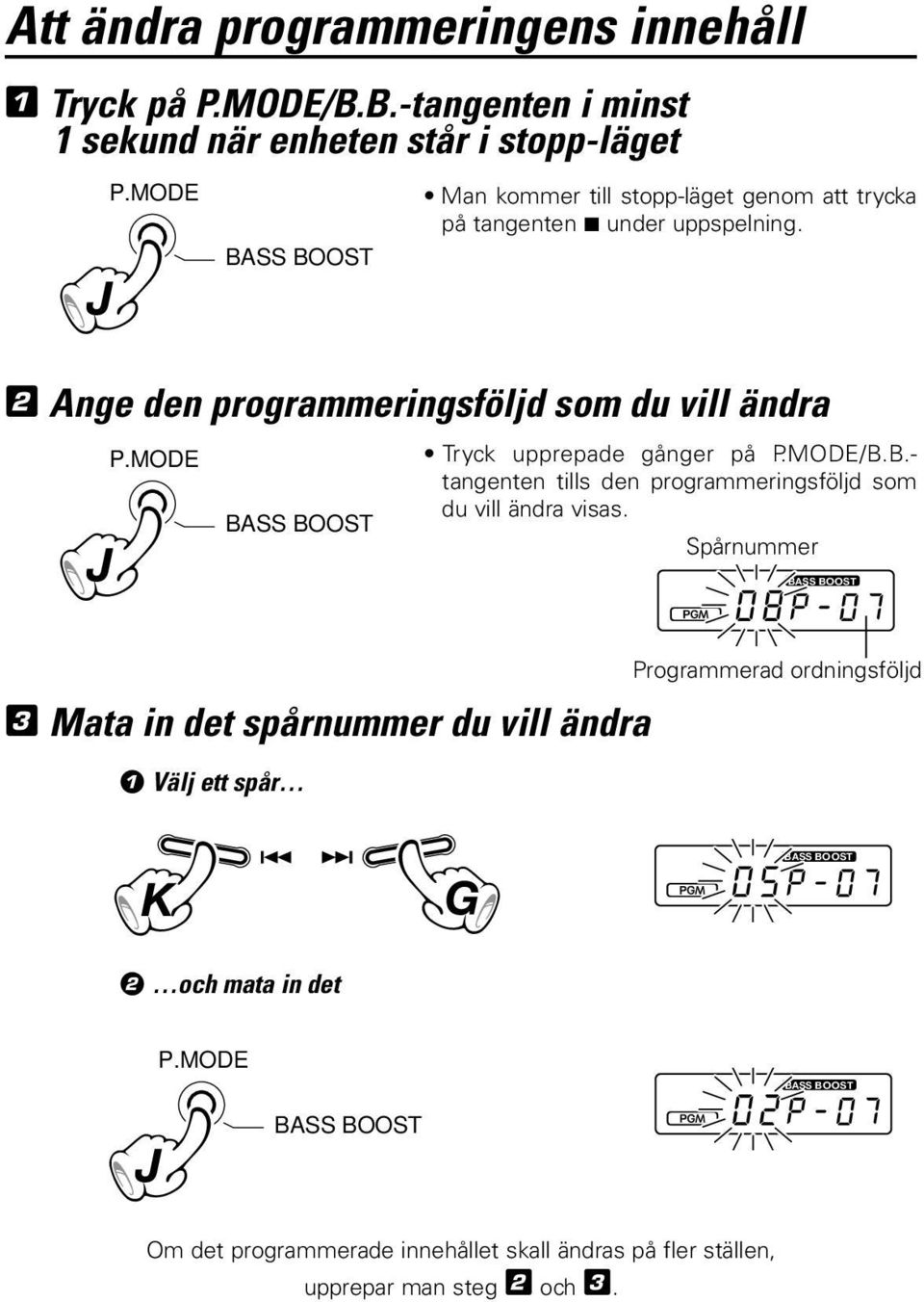 MODE Tryck upprepade gånger på P.MODE/B.B.- tangenten tills den programmeringsföljd som du vill ändra visas.