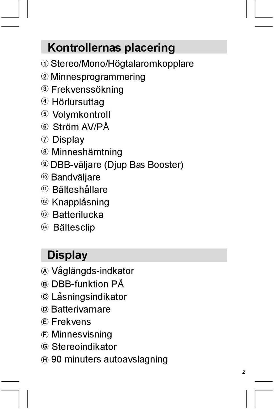 Bandväljare Bälteshållare Knapplåsning Batterilucka Bältesclip A B C D E F G H Display Våglängds-indkator