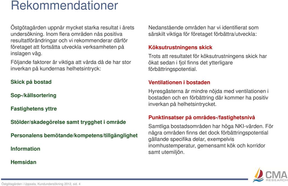 Följande faktorer är viktiga att vårda då de har stor inverkan på kundernas helhetsintryck: Skick på bostad Sop-/källsortering Fastighetens yttre Stölder/skadegörelse samt trygghet i område