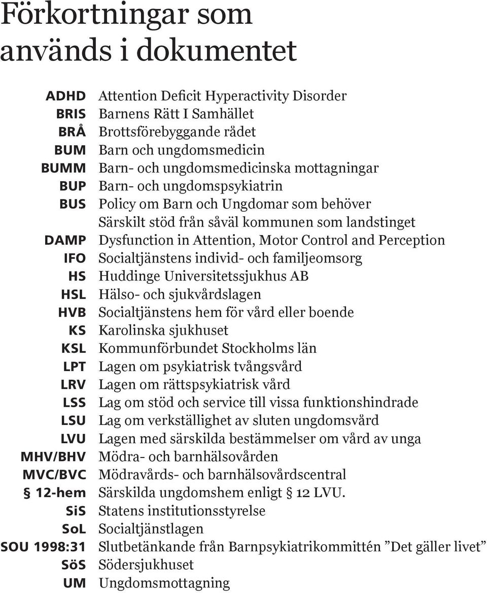 Control and Perception IFO Socialtjänstens individ- och familjeomsorg HS Huddinge Universitetssjukhus AB HSL Hälso- och sjukvårdslagen HVB Socialtjänstens hem för vård eller boende KS Karolinska