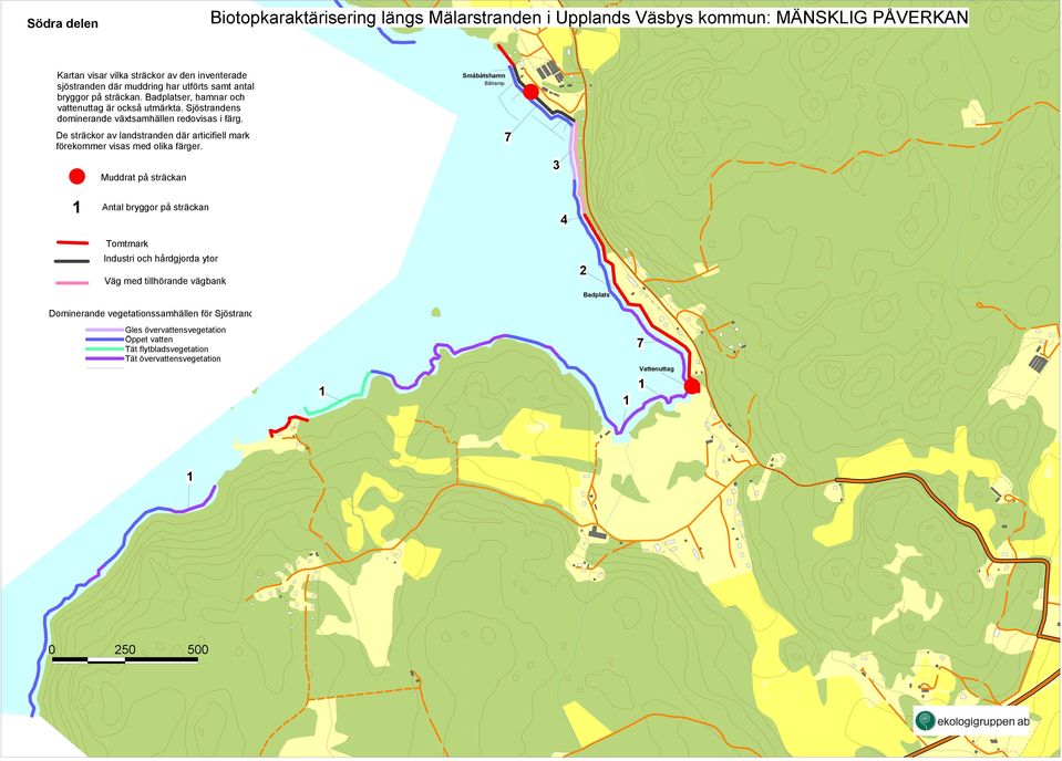 De sträckor av landstranden där articifiell mark förekommer visas med olika färger.