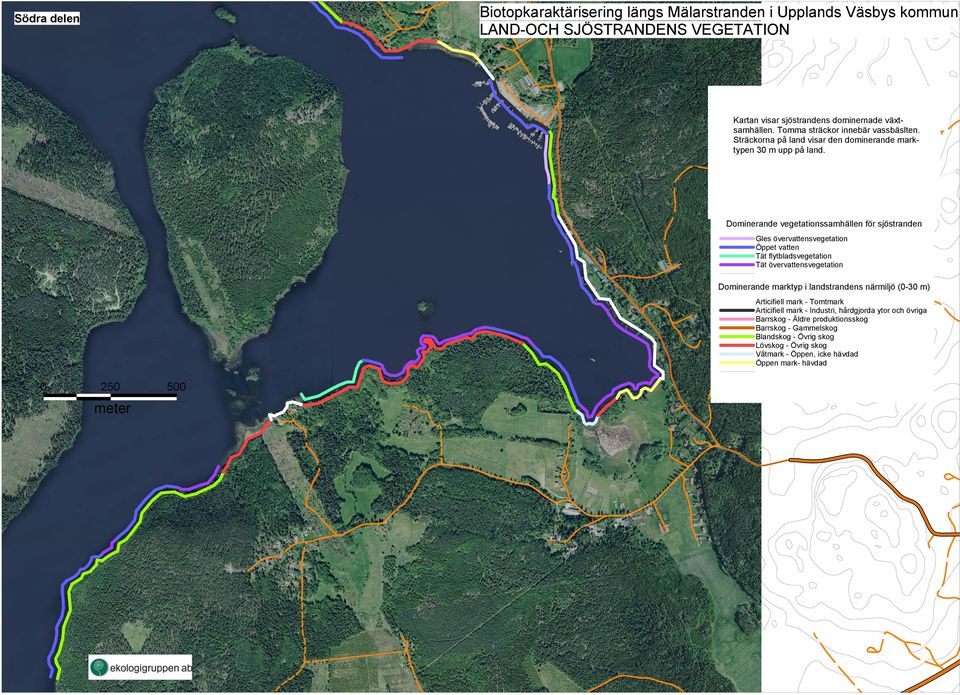 Dominerande vegetationssamhällen för sjöstranden Gles övervattensvegetation Öppet vatten Tät flytbladsvegetation Tät övervattensvegetation Dominerande marktyp i landstrandens