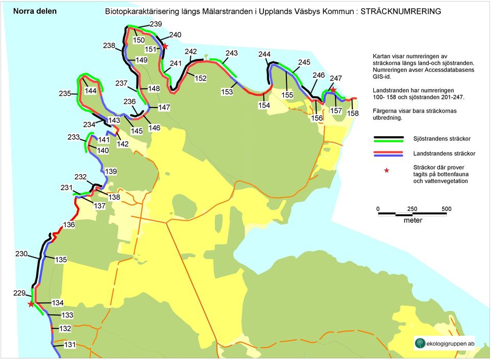 Numreringen avser Accessdatabasens GIS-id. Landstranden har numreringen 00-58 och sjöstranden 20-247. Färgerna visar bara sträckornas utbredning.