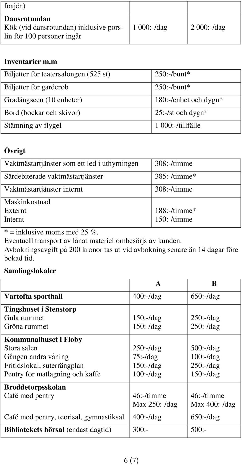 000:-/tillfälle Övrigt Vaktmästartjänster som ett led i uthyrningen Särdebiterade vaktmästartjänster Vaktmästartjänster internt Maskinkostnad Externt Internt 308:-/timme 385:-/timme* 308:-/timme