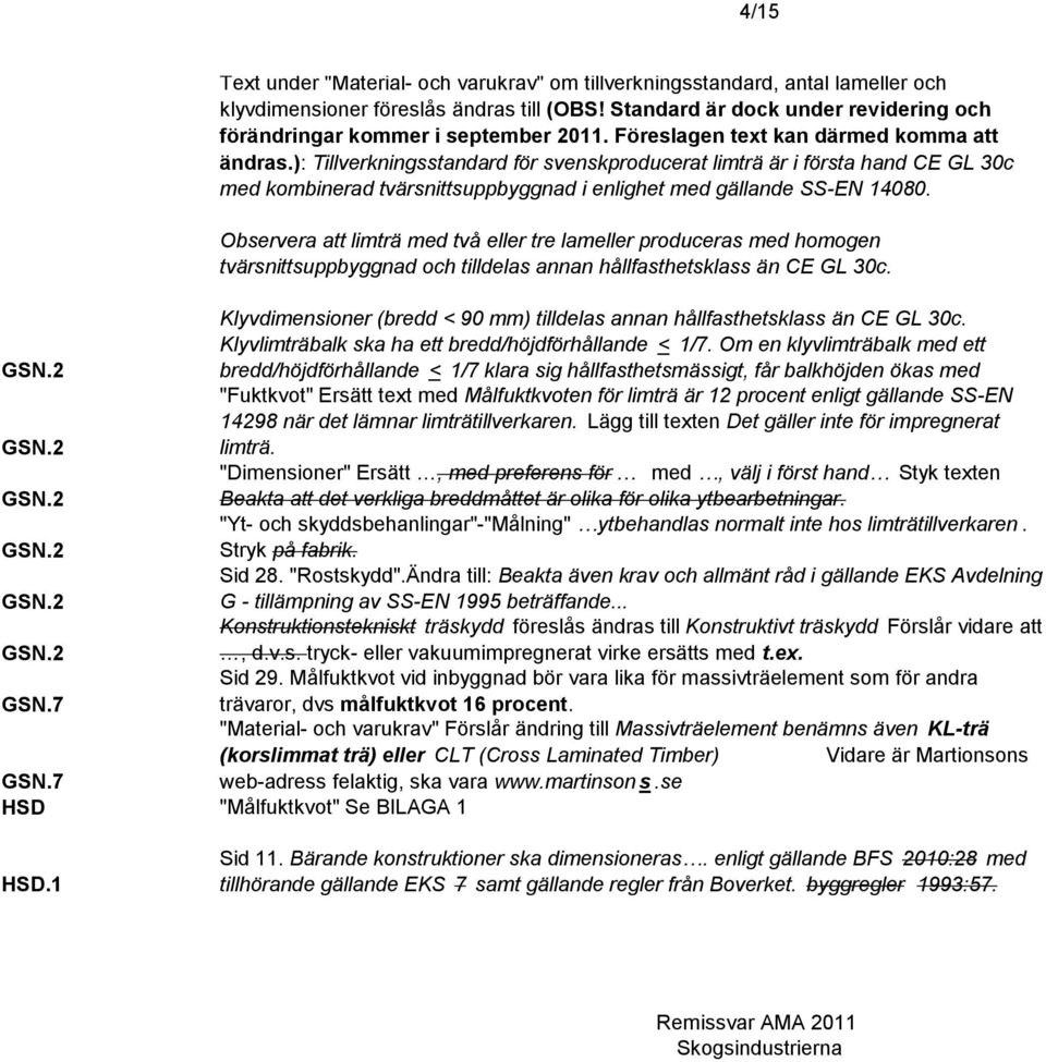 ): Tillverkningsstandard för svenskproducerat limträ är i första hand CE GL 30c med kombinerad tvärsnittsuppbyggnad i enlighet med gällande SS-EN 14080.