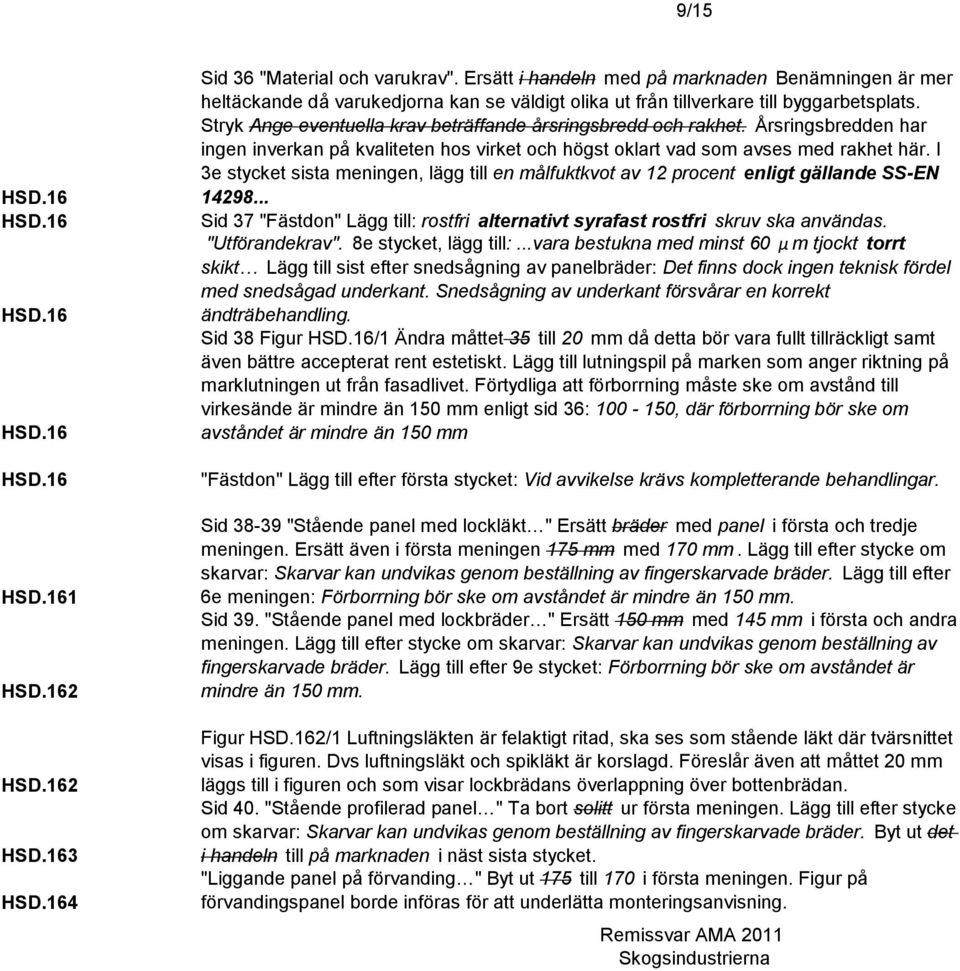 Stryk Ange eventuella krav beträffande årsringsbredd och rakhet. Årsringsbredden har ingen inverkan på kvaliteten hos virket och högst oklart vad som avses med rakhet här.