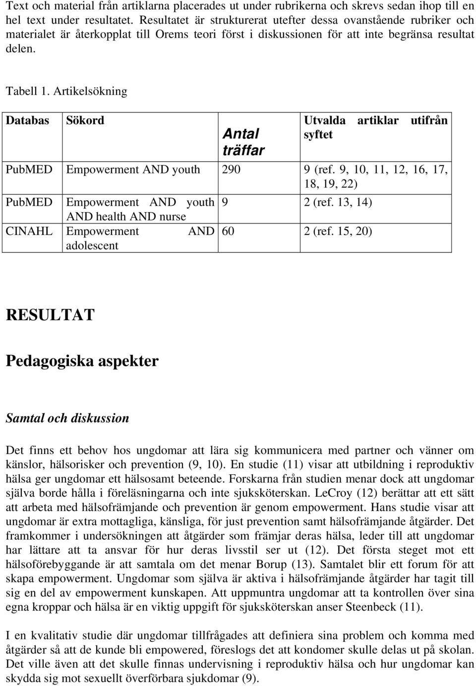 Artikelsökning Databas Sökord Antal träffar Utvalda artiklar utifrån syftet PubMED Empowerment AND youth 290 9 (ref. 9, 10, 11, 12, 16, 17, 18, 19, 22) PubMED Empowerment AND youth 9 2 (ref.