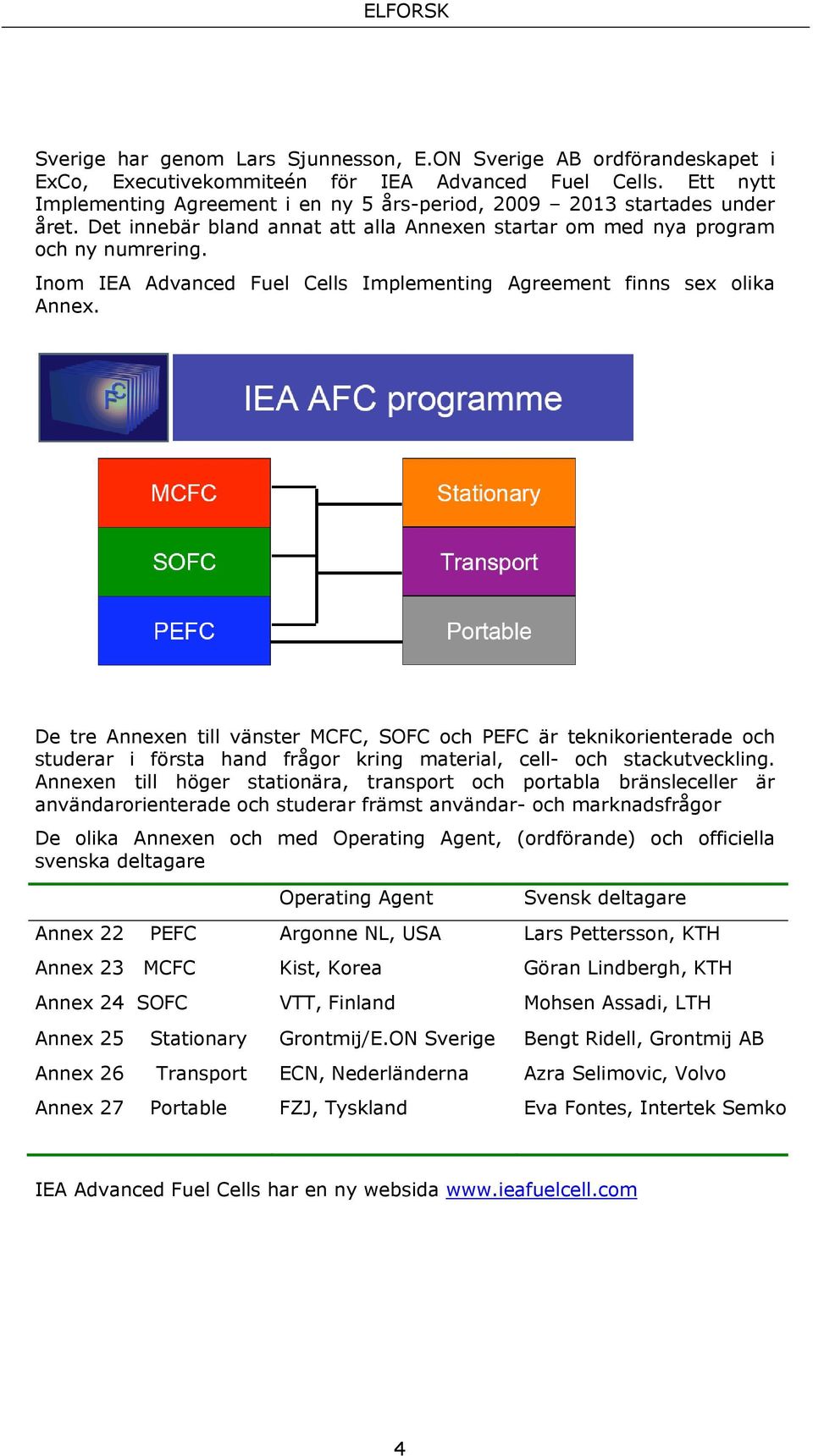 Inom IEA Advanced Fuel Cells Implementing Agreement finns sex olika Annex.