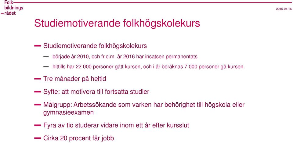 tiverande folkhögskolekurs började år 2010, och fr.o.m.