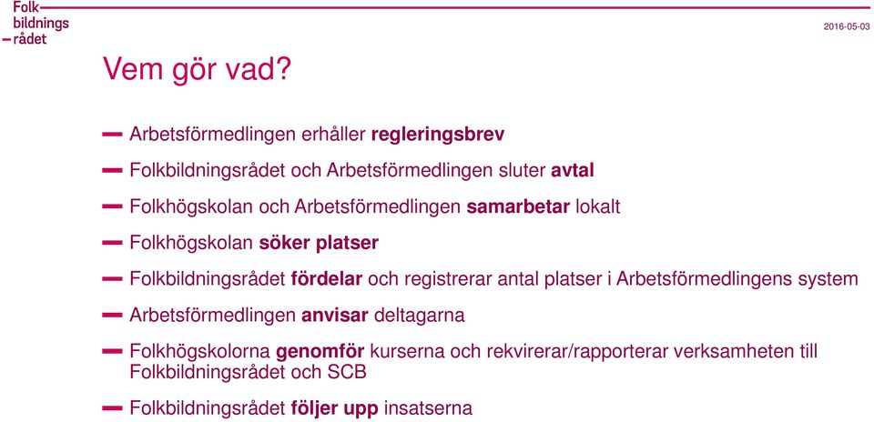 Arbetsförmedlingen samarbetar lokalt Folkhögskolan söker platser Folkbildningsrådet fördelar och registrerar antal