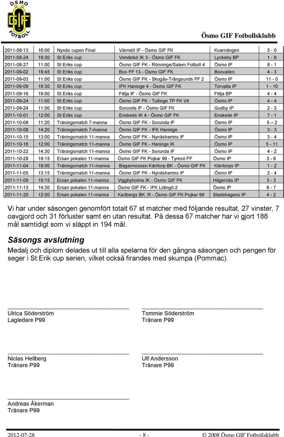 18:30 St Eriks cup IFK Haninge 4 - Ösmo GIF FK Torvalla IP 1-10 2011-09-16 19:00 St Eriks cup Fittja IF - Ösmo GIF FK Fittja BP 4-4 2011-09-24 11:00 St Eriks cup Ösmo GIF FK - Tullinge TP FK Vit Ösmo