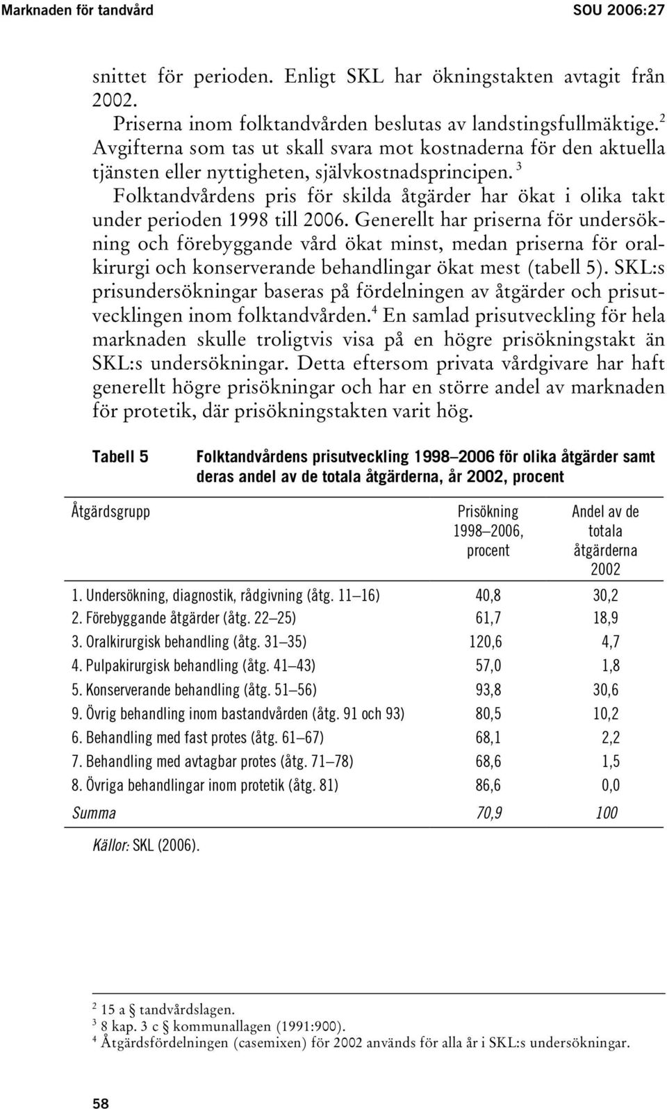 3 Folktandvårdens pris för skilda åtgärder har ökat i olika takt under perioden 1998 till 2006.