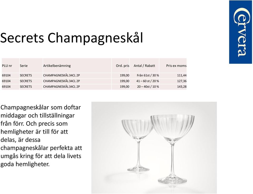 CHAMPAGNESKÅL 34CL 2P 199,00 41 60 st / 20 % 127,36 69104 SECRETS CHAMPAGNESKÅL 34CL 2P 199,00 20 40st / 10 % 143,28