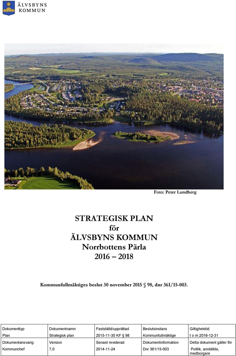 Dokumenttyp Dokumentnamn Fastställd/upprättad Beslutsinstans Giltighetstid Plan Strategisk plan 2015-11-30 KF 98