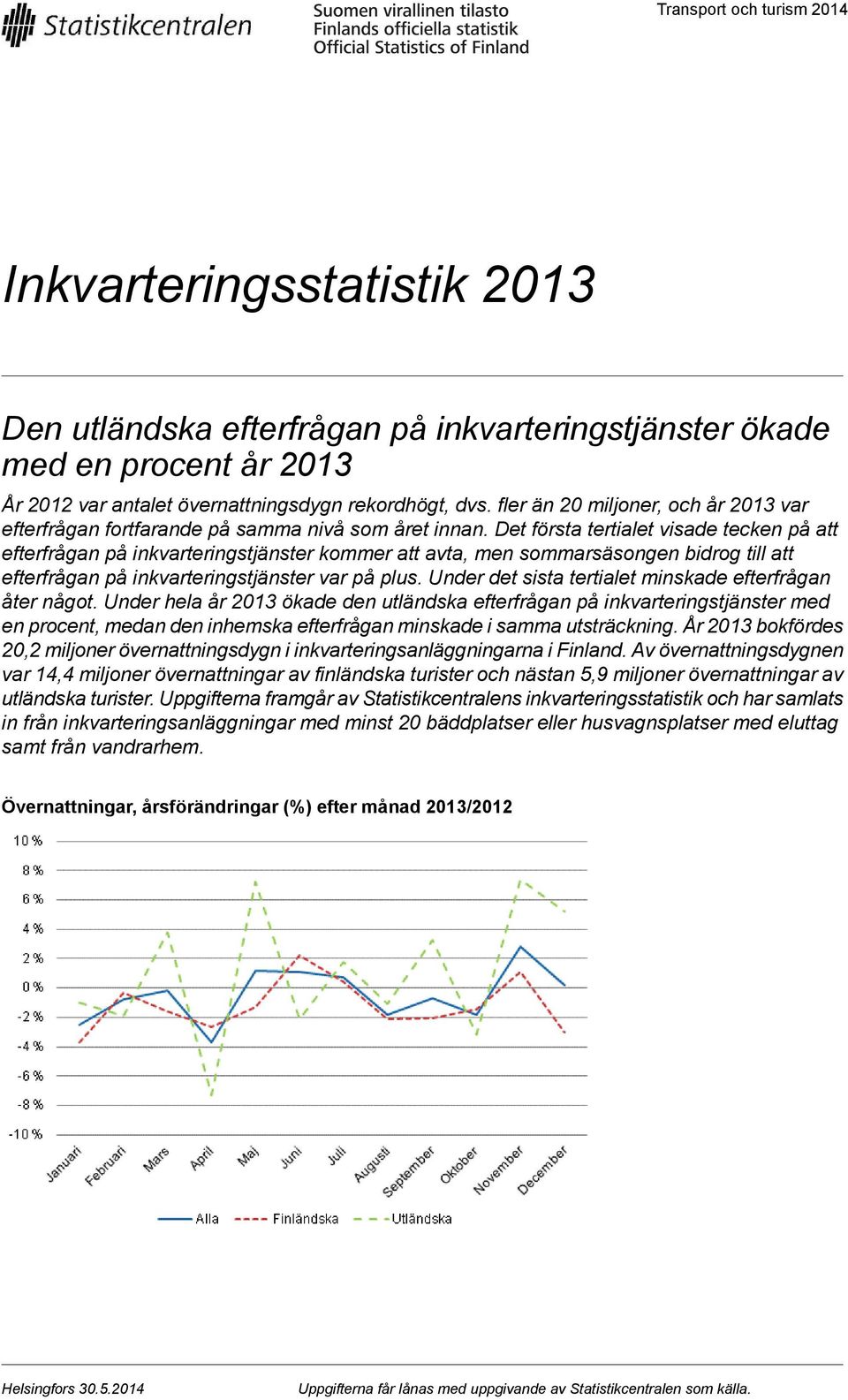 bidrog till att efterfrågan på inkvarteringstjänster var på plus Under det sista tertialet minskade efterfrågan åter något Under hela år 2013 ökade den utländska efterfrågan på inkvarteringstjänster
