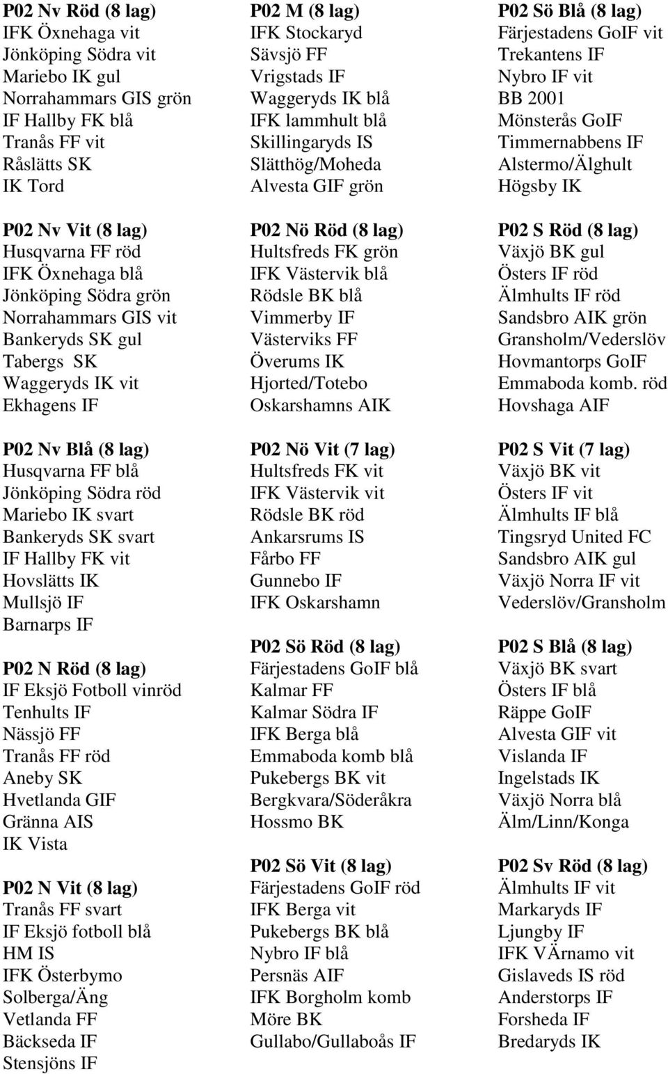 Hovslätts IK Mullsjö IF Barnarps IF P02 N Röd (8 lag) IF Eksjö Fotboll vinröd Nässjö FF Tranås FF röd Aneby SK Hvetlanda GIF Gränna AIS IK Vista P02 N Vit (8 lag) Tranås FF svart IF Eksjö fotboll blå