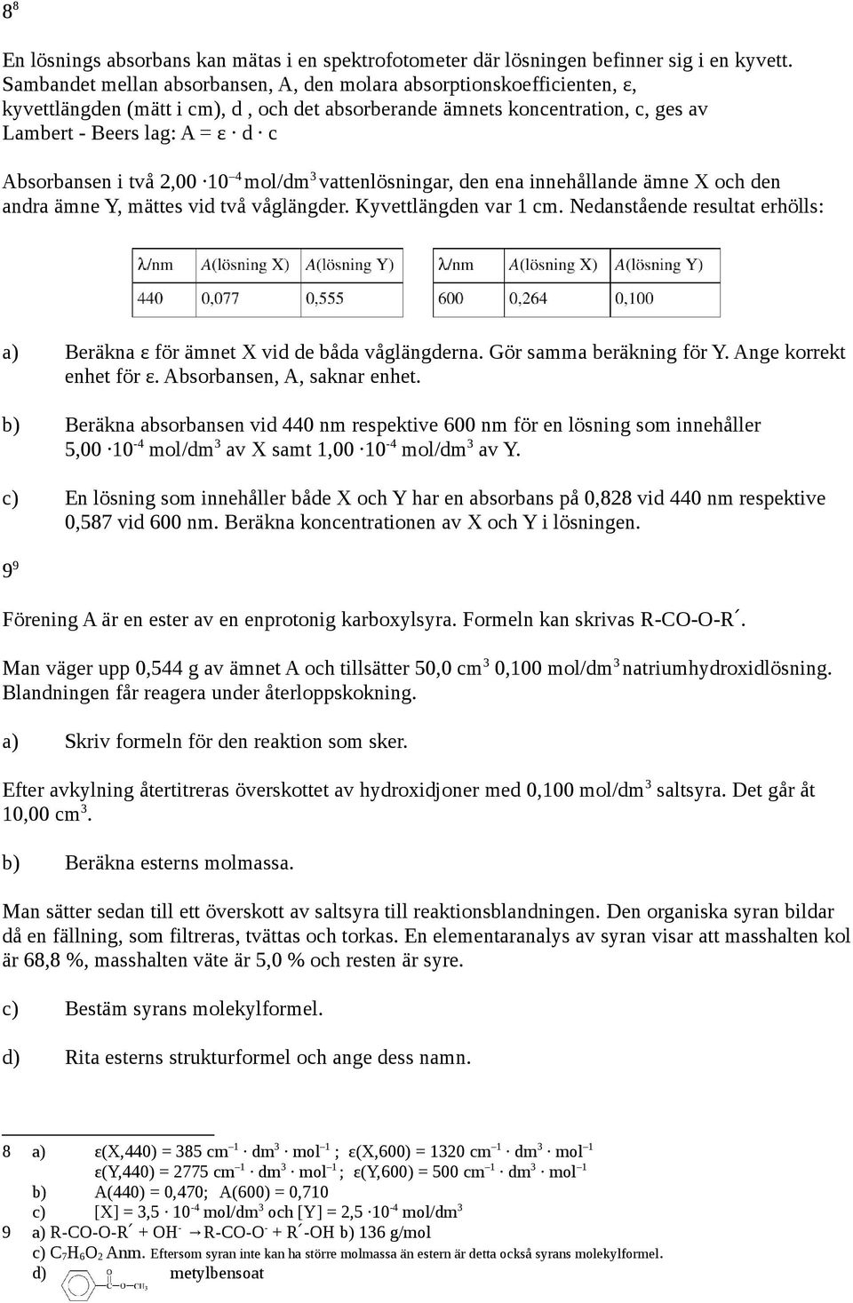 i två 2,00 10 4 mol/dm 3 vattenlösningar, den ena innehållande ämne X och den andra ämne Y, mättes vid två våglängder. Kyvettlängden var 1 cm.