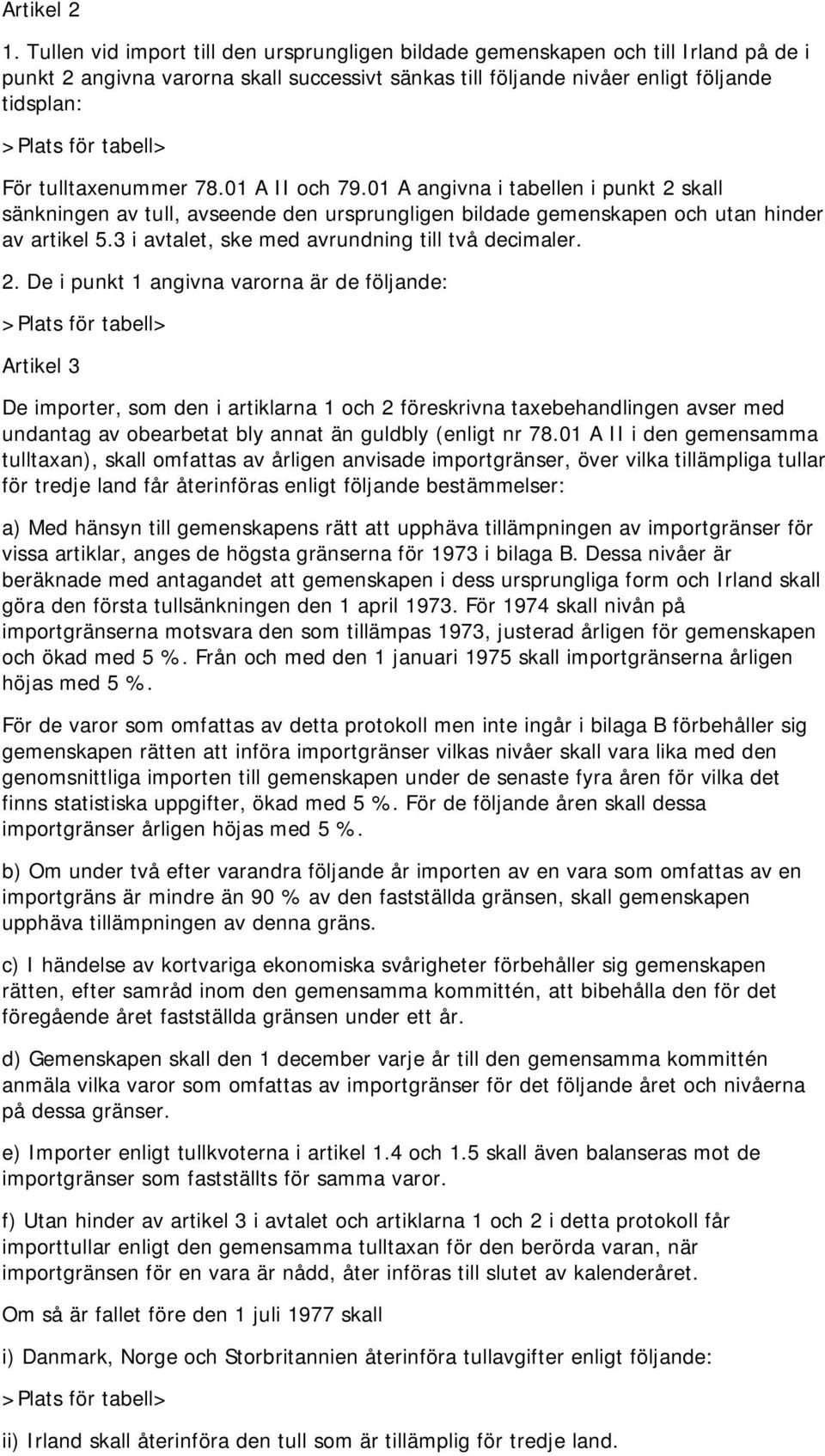 78.01 A II och 79.01 A angivna i tabellen i punkt 2 skall sänkningen av tull, avseende den ursprungligen bildade gemenskapen och utan hinder av artikel 5.