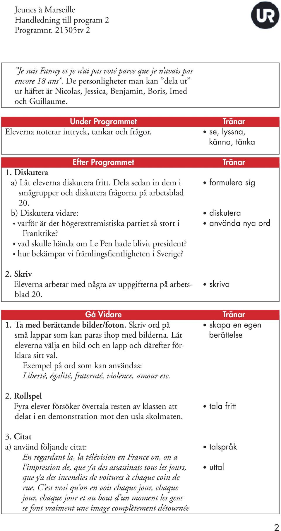 Diskutera a) Låt eleverna diskutera fritt. Dela sedan in dem i smågrupper och diskutera frågorna på arbetsblad 20. b) Diskutera vidare: varför är det högerextremistiska partiet så stort i Frankrike?