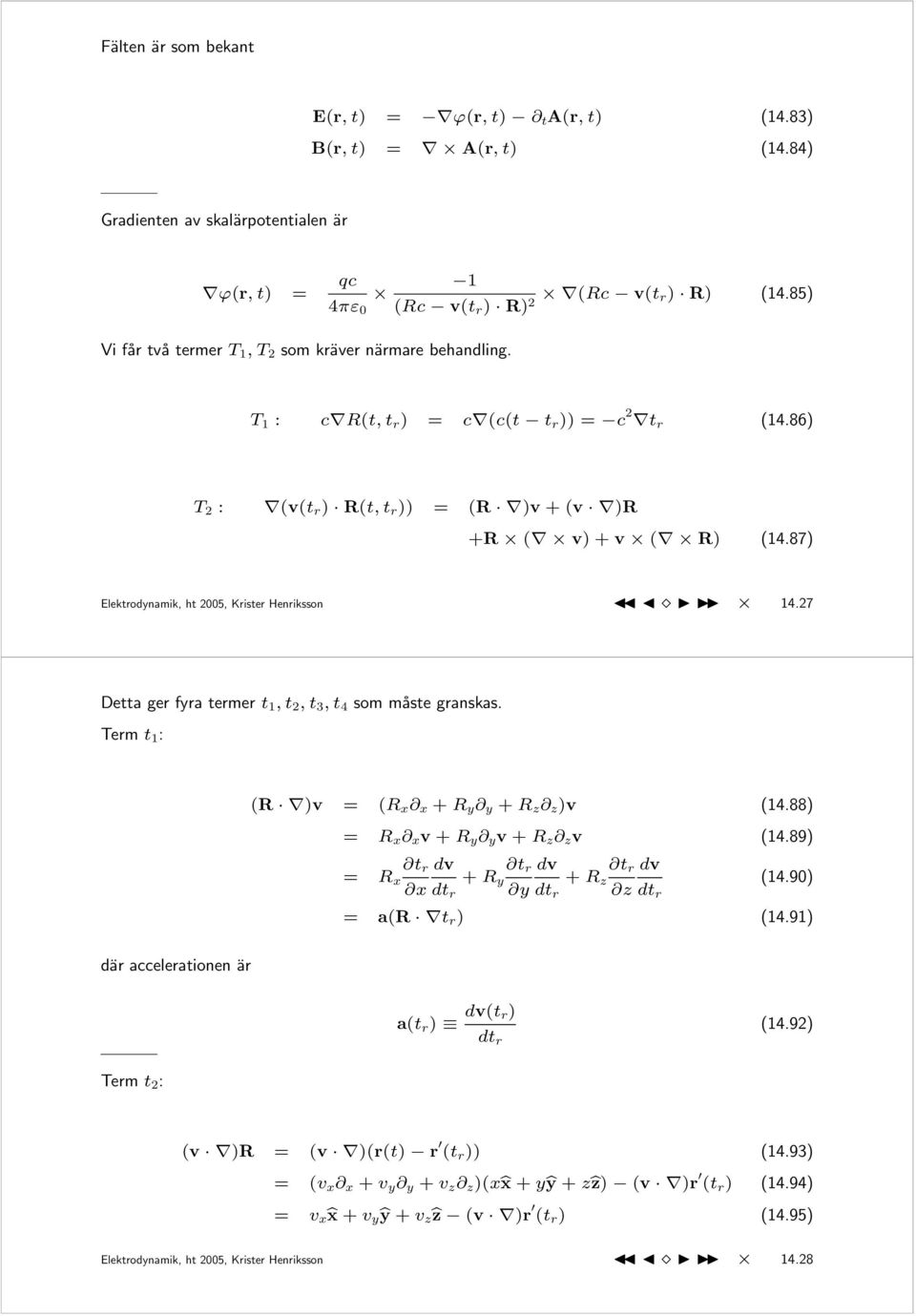 87) Elektrodynamik, ht 2005, Krister Henriksson 4.27 Detta ger fyra termer t, t 2, t 3, t 4 som måste granskas. Term t : (R )v = (R x x + R y y + R z z )v (4.88) = R x x v + R y y v + R z z v (4.