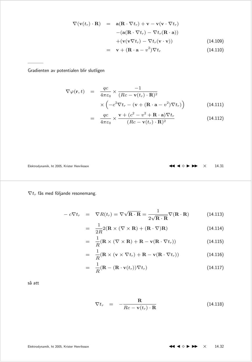 ) = qc v + (c2 v 2 + R a) t r (Rc v(t r ) R) 2 (4.2) Elektrodynamik, ht 2005, Krister Henriksson 4.3 t r fås med följande resonemang.