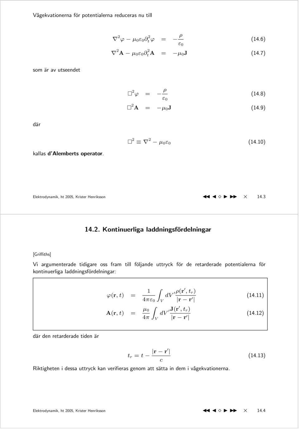 2 µ 0 ε 0 (4.0) Elektrodynamik, ht 2005, Krister Henriksson 4.3 4.2. Kontinuerliga laddningsfördelningar [Griffiths] Vi argumenterade tidigare oss fram till följande uttryck för