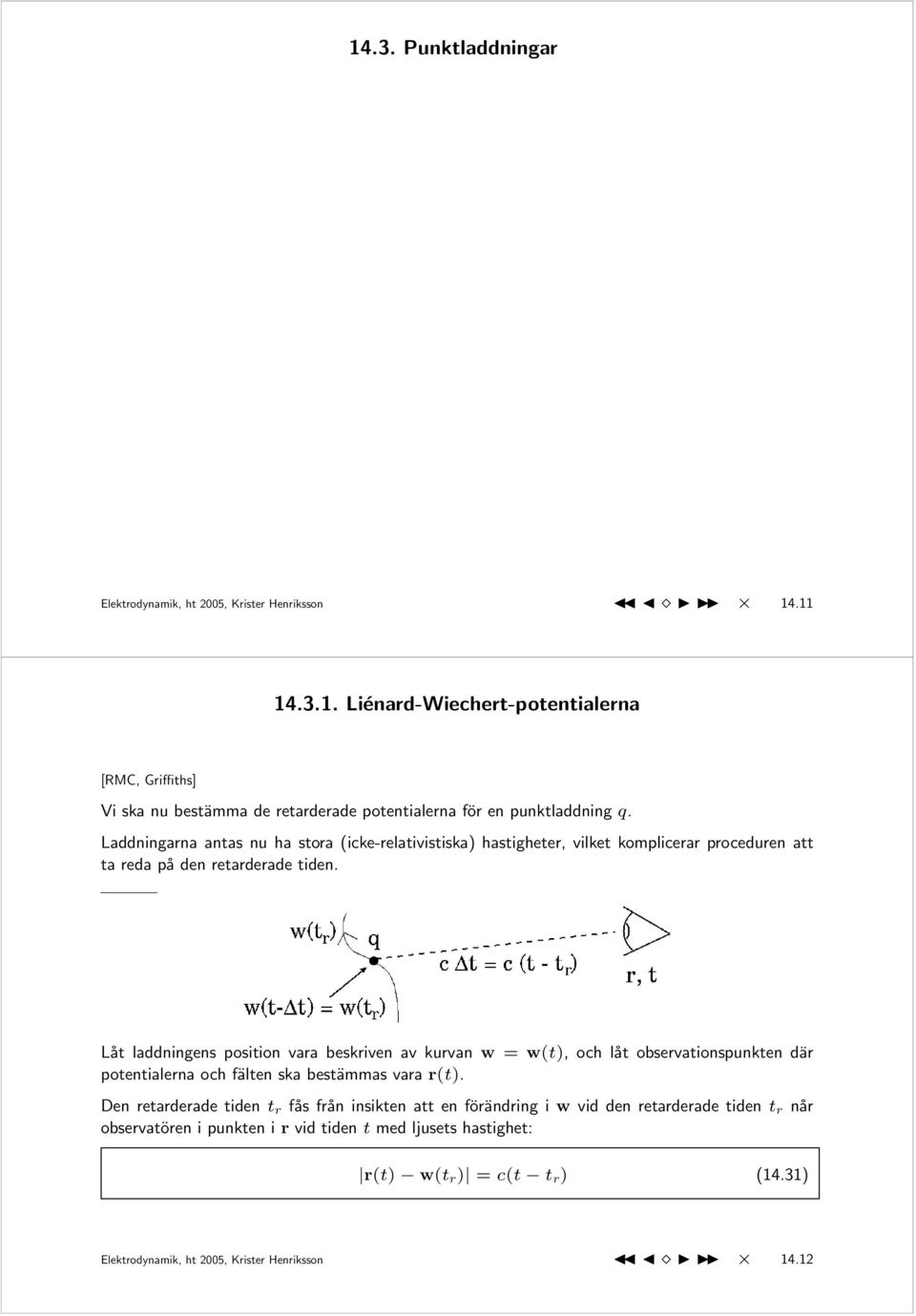 Låt laddningens position vara beskriven av kurvan w = w(t), och låt observationspunkten där potentialerna och fälten ska bestämmas vara r(t).