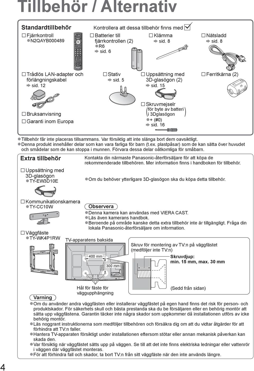 15 Ferritkärna (2) Bruksanvisning Garanti inom Europa Skruvmejselr ( för byte av batteri i 3Dglasögon ) + (#0) sid. 16 Tillbehör får inte placeras tillsammans.