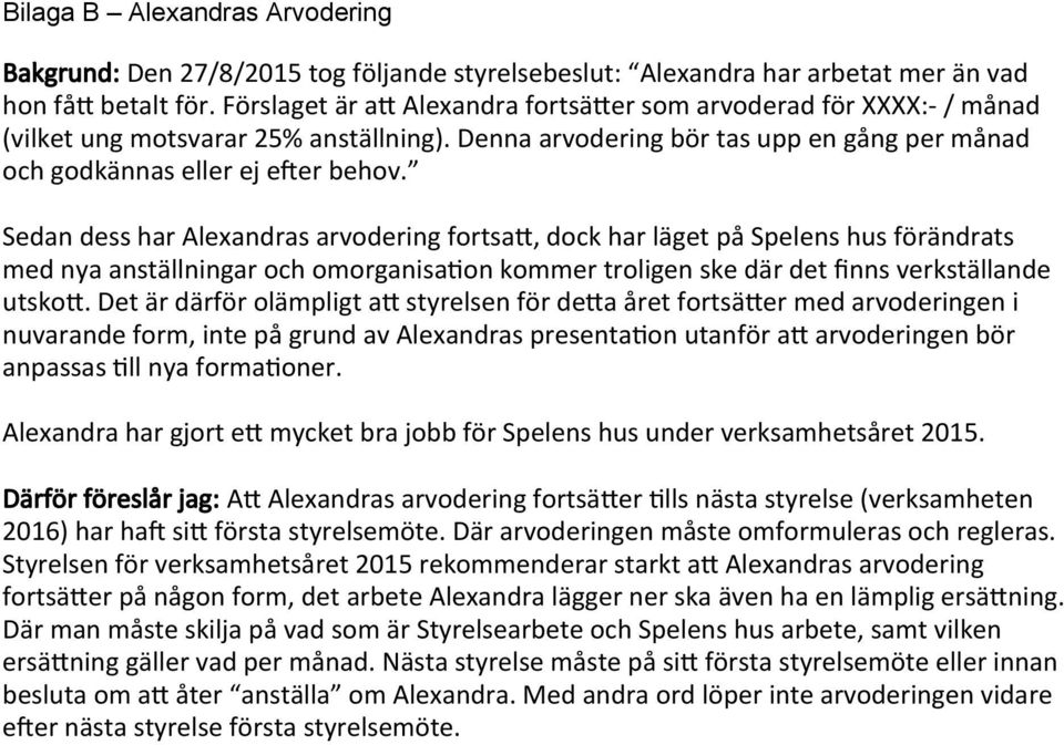 Sedan dess har Alexandras arvodering fortsat, dock har läget på Spelens hus förändrats med nya anställningar och omorganisaton kommer troligen ske där det fnns verkställande utskot.