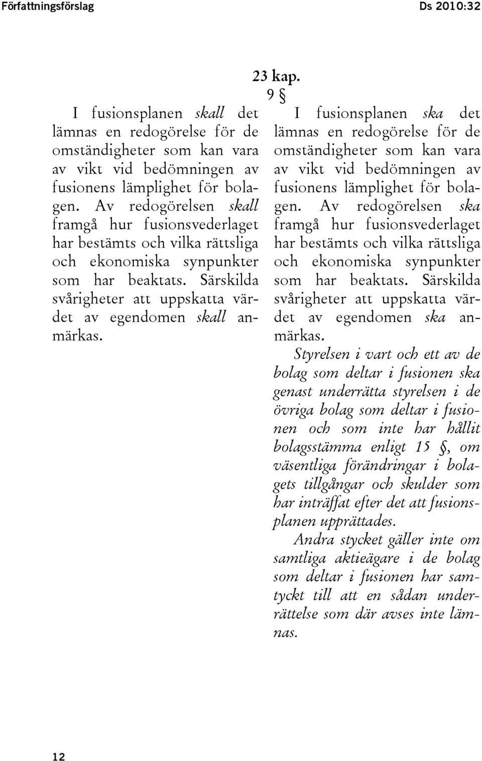 23 kap. 9 I fusionsplanen ska det lämnas en redogörelse för de omständigheter som kan vara av vikt vid bedömningen av fusionens lämplighet för bolagen.