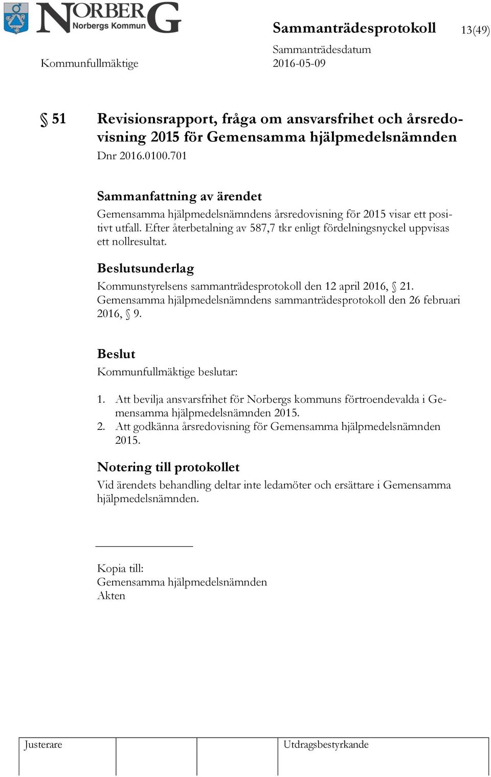 sunderlag Kommunstyrelsens sammanträdesprotokoll den 12 april 2016, 21. Gemensamma hjälpmedelsnämndens sammanträdesprotokoll den 26 februari 2016, 9. Kommunfullmäktige beslutar: 1.