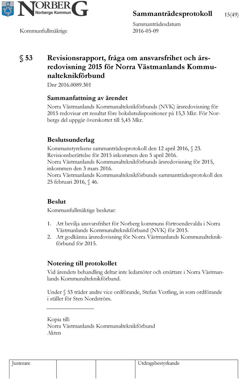 sunderlag Kommunstyrelsens sammanträdesprotokoll den 12 april 2016, 23. Revisionsberättelse för 2015 inkommen den 5 april 2016.