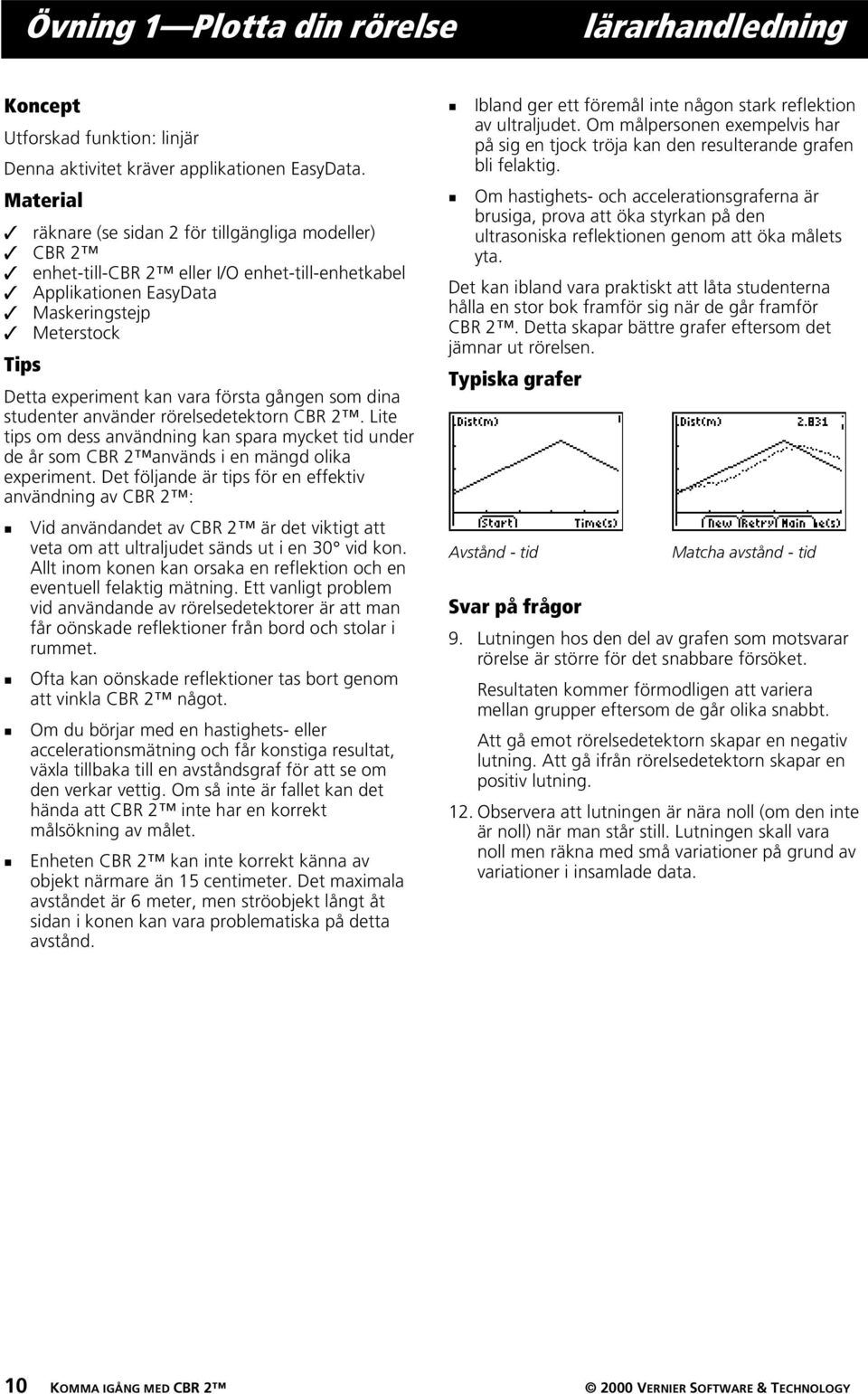 vara första gången som dina studenter använder rörelsedetektorn CBR 2. Lite tips om dess användning kan spara mycket tid under de år som CBR 2 används i en mängd olika experiment.