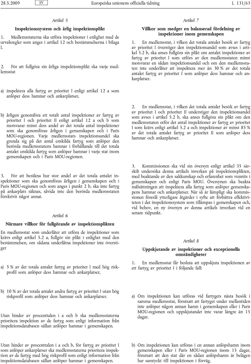 För att fullgöra sin årliga inspektionsplikt ska varje medlemsstat Artikel 7 Villkor som medger en balanserad fördelning av inspektioner inom gemenskapen 1.