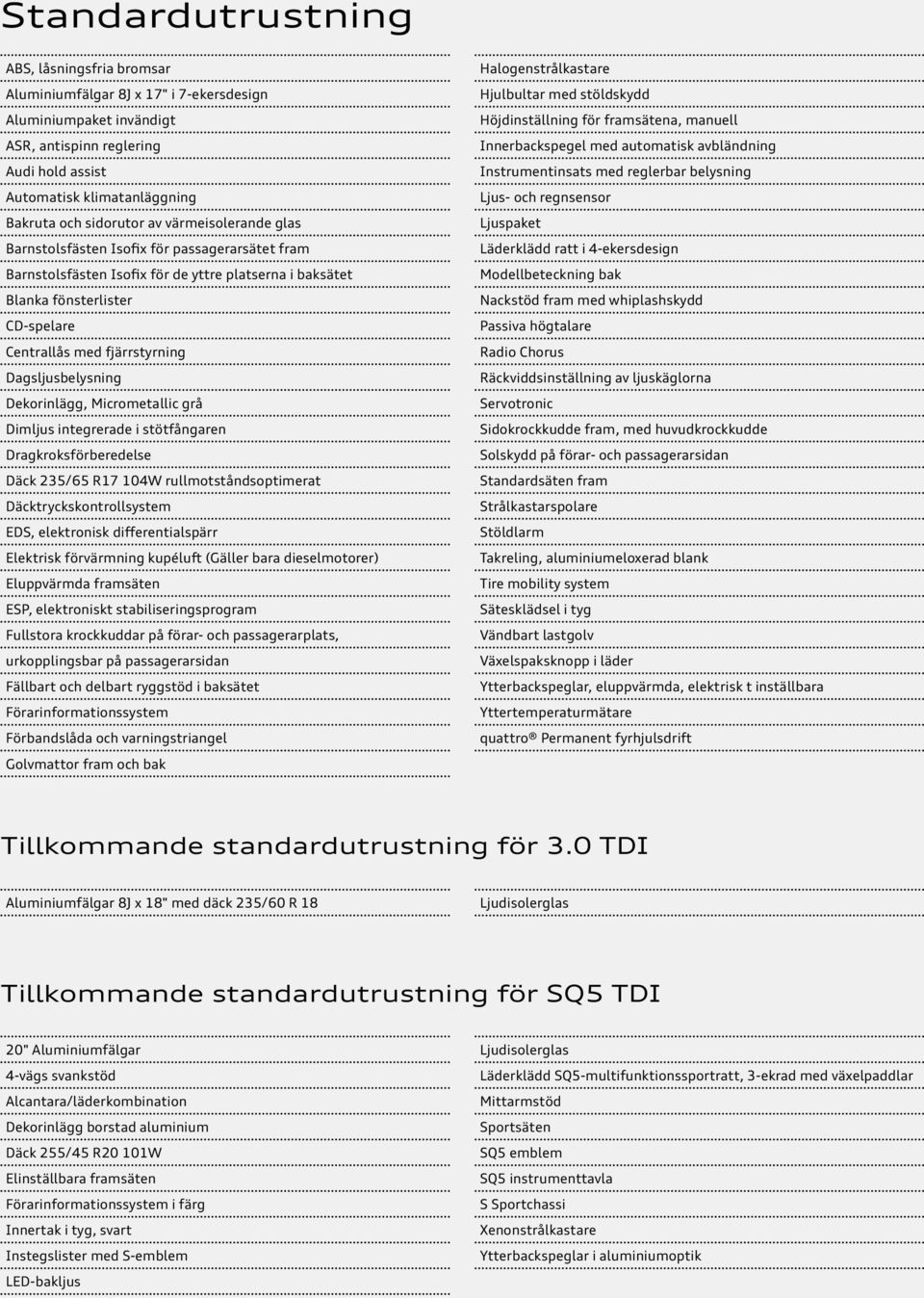 Dagsljusbelysning Dekorinlägg, Micrometallic grå Dimljus integrerade i stötfångaren Dragkroksförberedelse Däck 235/65 R17 104W rullmotståndsoptimerat Däcktryckskontrollsystem EDS, elektronisk