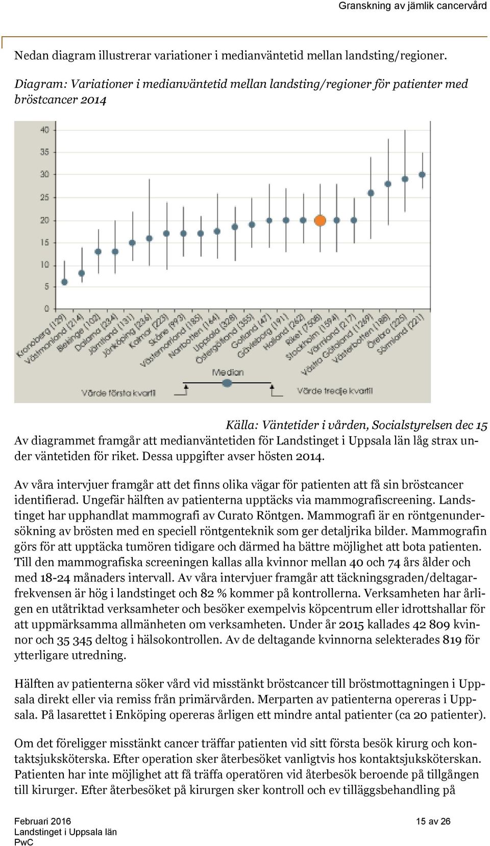 låg strax under väntetiden för riket. Dessa uppgifter avser hösten 2014. Av våra intervjuer framgår att det finns olika vägar för patienten att få sin bröstcancer identifierad.