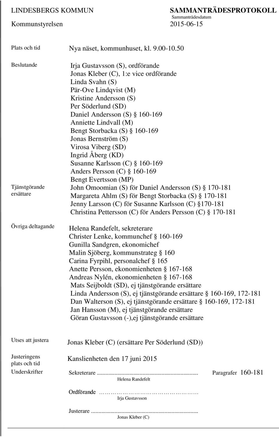 Daniel Andersson (S) 160-169 Anniette Lindvall (M) Bengt Storbacka (S) 160-169 Jonas Bernström (S) Virosa Viberg (SD) Ingrid Åberg (KD) Susanne Karlsson (C) 160-169 Anders Persson (C) 160-169 Bengt