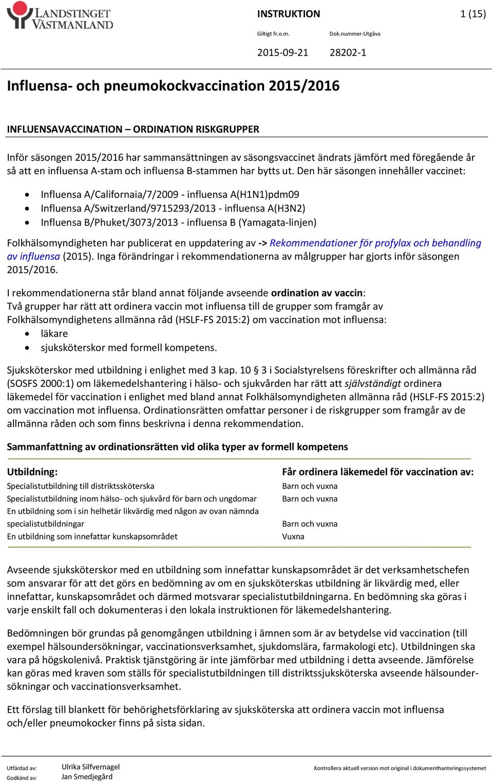 Den här säsongen innehåller vaccinet: Influensa A/Californaia/7/2009 - influensa A(H1N1)pdm09 Influensa A/Switzerland/9715293/2013 - influensa A(H3N2) Influensa B/Phuket/3073/2013 - influensa B