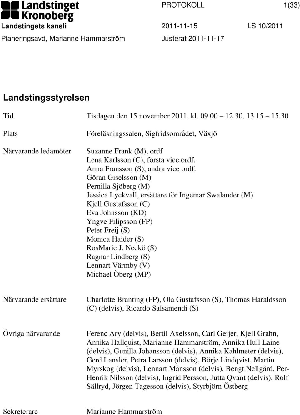 Göran Giselsson (M) Pernilla Sjöberg (M) Jessica Lyckvall, ersättare för Ingemar Swalander (M) Kjell Gustafsson (C) Eva Johnsson (KD) Yngve Filipsson (FP) Peter Freij (S) Monica Haider (S) RosMarie J.