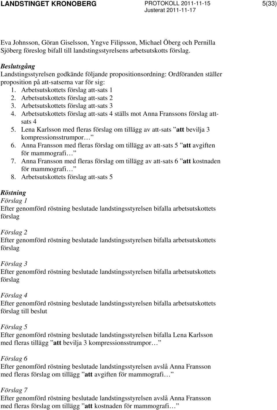 Arbetsutskottets förslag att-sats 2 3. Arbetsutskottets förslag att-sats 3 4. Arbetsutskottets förslag att-sats 4 ställs mot Anna Franssons förslag attsats 4 5.