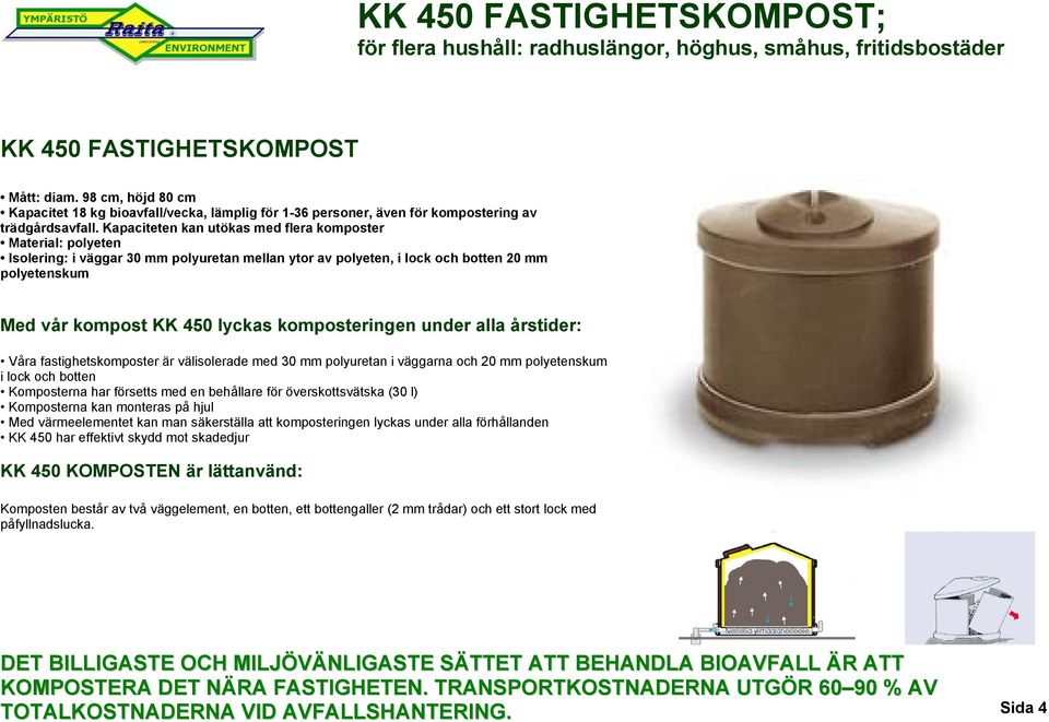 Kapaciteten kan utökas med flera komposter Material: polyeten Isolering: i väggar 30 mm polyuretan mellan ytor av polyeten, i lock och botten 20 mm polyetenskum Med vår kompost KK 450 lyckas