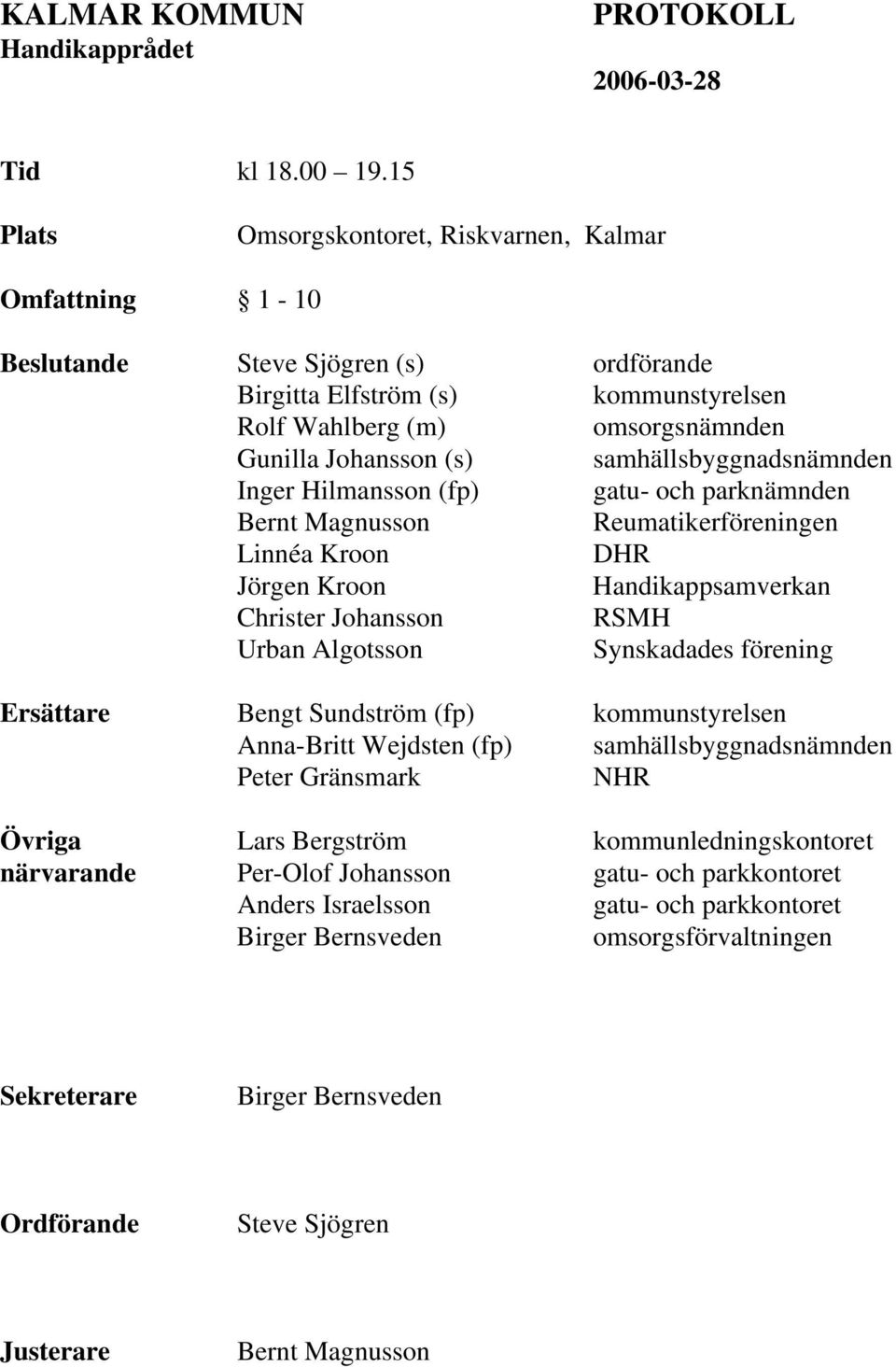 samhällsbyggnadsnämnden Inger Hilmansson (fp) gatu- och parknämnden Bernt Magnusson Reumatikerföreningen Linnéa Kroon DHR Jörgen Kroon Handikappsamverkan Christer Johansson RSMH Urban Algotsson